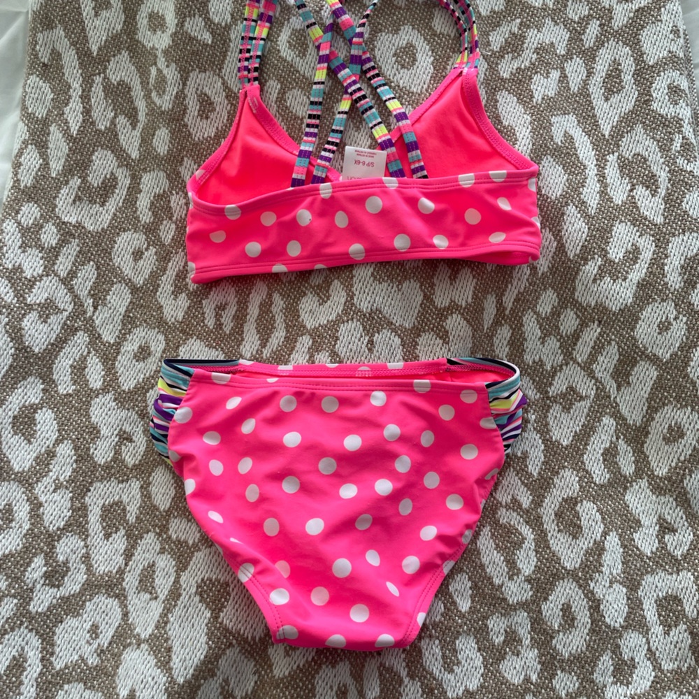 kids s (6-6s) polka dot pink and white swimsuit with strappy back